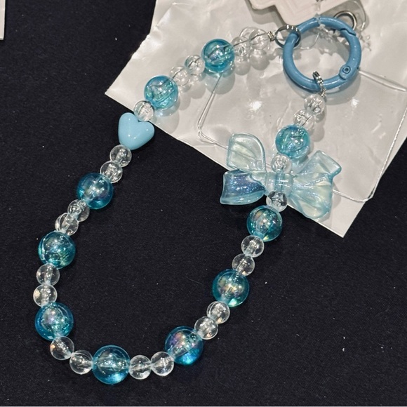 Source Unknown Accessories - BAG CHARM Blue Beaded Phone Charm Bow & Heart Aesthetic Lanyard